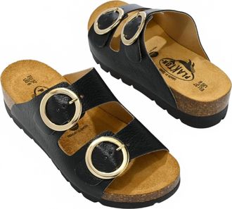 Plakton Womens Cora Slide-On Dual Strap Adjustable Sandals In Metallic Black