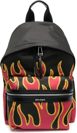 Palm Angels Flames print backpack - men - Cotton/Calf Leather/Polyester - One Size - Red