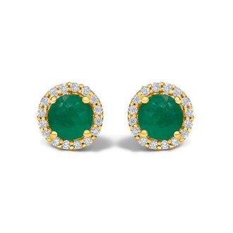 House of Brilliance 10K Gold Gemstone and 1/6 Cttw Diamond Halo Stud Earring in Yellow | Green Emerald at Nordstrom