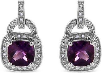 House of Brilliance Silver 8MM Natural Cushion Shaped Amethyst Diamond Accent Halo Dangle Earrings in White at Nordstrom