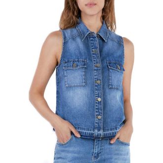 Wash Lab Denim Clara Sleeveless Denim Button-Up Shirt in Post Blue at Nordstrom, Size X-Small