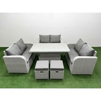 Fimous Fimous 8 Seater PE Wicker Rattan Furniture Sofa Sets with Adjustable Lifting Dining or Coffee Table 2 Seater Love Sofa 2 Stool 2 Side Table Light Grey
