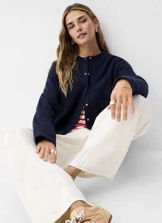 Icone Womens Soft cotton fleece crew-neck boxy Cardigan Sweater