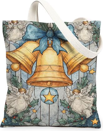 Generic Christmas Bells Canvas Tote Bags, Vintage Angel Design Reusable Shopping Bags, Festive Lightweight Washable Carryall for Ho, Blue, 13x15 Inch