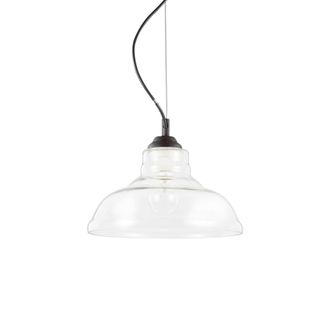 Netlighting Bistro 1 Light Dome Ceiling Pendant Black Clear Blown Glass Plate E27