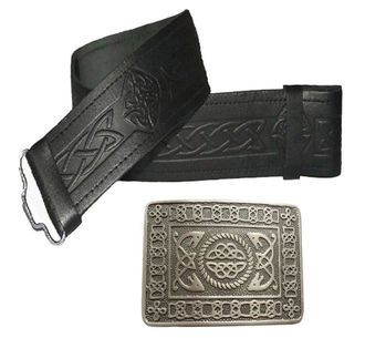 Maze Leather Kilt Belt Embossed and Antique Celtic Serpent Buckle - 2 piece Set