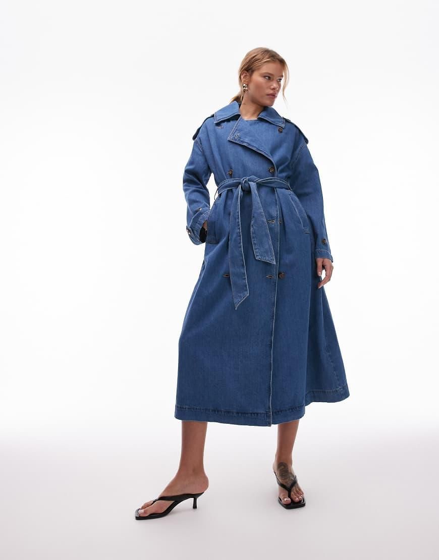 Trench In Denim Lungo Per Donna - Giacca Doppiopetto Con Cintura, Stile Casual Ed Elegante - Foto 3