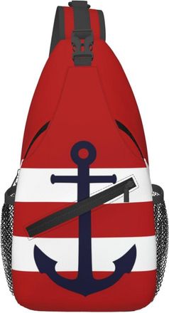 Generic Nautical Navy Blue Anchor On Red Stripes Sling Bag With Zipper Crossbody Bag Anti Theft Backpack For Workout Outdoors Casual