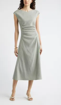 Nordstrom Linen Blend Ruched Midi Dress in Green Chaparral at Nordstrom, Size Xx-Small
