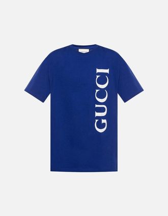 Gucci Mens Gucci Vertical Logo Printed T-Shirt in Blue - Size: 36