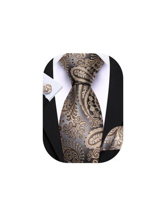 Barry.Wang Mens Tie Set Paisley Silk Pocket Square Cufflinks Necktie Woven Wedding Party Brown Blue
