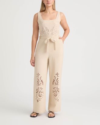 Ellen Tracy Womens Linen Jumpsuit with Embroidery Detailing