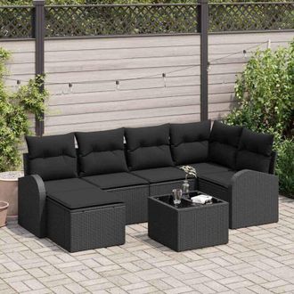 vidaXL Vidaxl - Conjunto De Sof&aacute; De Jard&iacute;n Con Coj&iacute;n 7 Pcs Negro Polirat&aacute;n