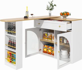 STILVORA Mesa De Comedor Con Estante De 3 Niveles, Puertas De Vidrio Y Giro 360, En Mdf, 138-204x39x104 Cm, Blanco