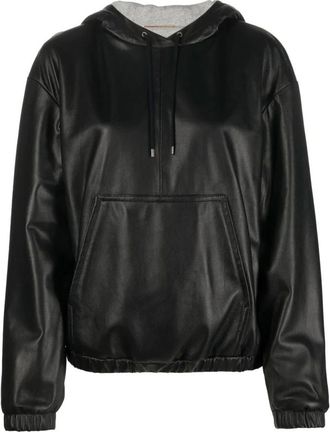 Saint Laurent Leather Hooded Top with Pouch Pocket - female - Saint Laurent - Leather Jackets - Black - 3XL - Jackets