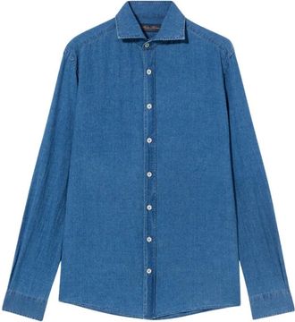 Brooks Brothers Slim Fit Katoen-Linnen Chambray Overhemd - Heren - Casual Overhemden - Blauw - S - Katoen - Overhemden