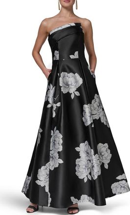 DKNY One-Shoulder Floral Print Gown in Black/Cream at Nordstrom, Size 12