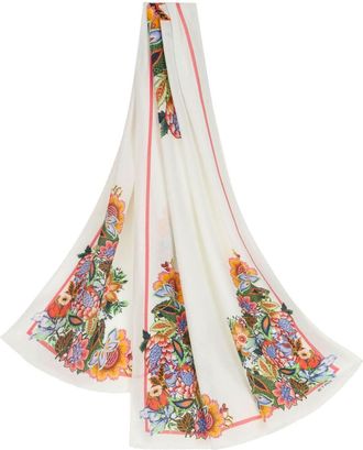 Etro Bouquet-print fringed scarf - women - Cotton/Modal - One Size - White