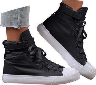 Generic Womens High Top Canvas Sneakers Fashion Lace up Casual Walking Shoes Platform Slip On Sneakers for Women Flat Ankle Boots Round Toe Lightweight Non Sl
