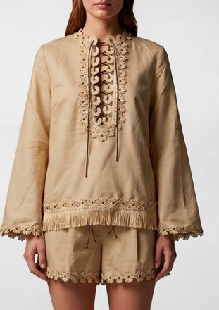 Zimmermann Blusa Mahon in cotone con ricami e applicazioni a frange