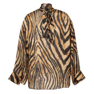 Roberto Cavalli Bow Animal Print Silk Blouse, Brand Size 42 ( US Size 8 )