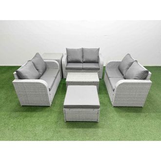 Fimous 6 Seater pe Wicker Rattan Furniture Sofa Sets with Rectangular Coffee Table 2 Seater Love Sofa 2 Side Table Light Grey - Fimous