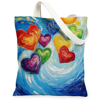 Generic Artistic Hearts Canvas Tote Bags, Colorful Heart Design Reusable Grocery Bags, Vintage Lightweight Washable Shoulder Strap for Travel 13x15 Inch