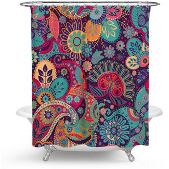 OEM Cortina De Ducha Con Estampado Floral Y Geom&eacute;trico Retro Mandala Ethnic Decor Para Ba&ntilde;o, Juego Con Ganchos, 150x180cm-crezuo