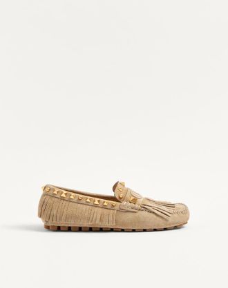 Valentino Garavani Mocassino Driver Plaster Caster In Crosta Con Frange Donna DESERT SAND 35.5