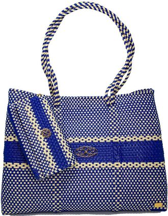 Lola's Bag Womens Travel Woven Striped Tote Bag With Clutch In Blue/beige