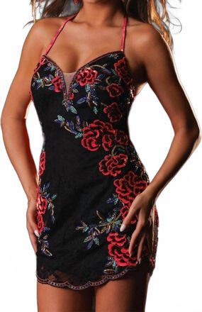 Rachel Allan Floral Lace Beading Fringe Mini Dress In Black Red