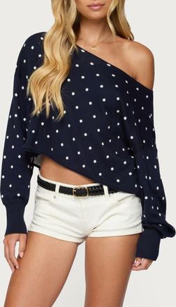 Edikted Oversize Off the Shoulder Polka Dot Sweater in Navy at Nordstrom, Size X-Large