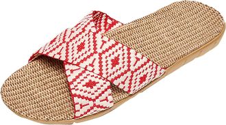 Generic Slippers Womens Summer Linen Slippers Lightweight Flat Sandals Slippers Non-Slip Mules Peep Toe Summer Shoes Slides Hollow Out Slippers Linen Shoes Be