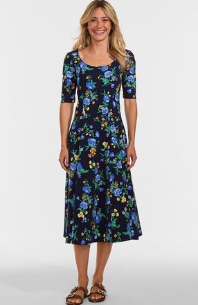 Lands End Starfish Elbow Sleeve Midi Fit and Flare Dress in Deep Sea Poppy Floral at Nordstrom, Size X-Small