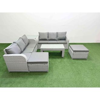 Fimous Outdoor Garden Furniture Sets 8 Seater Wicker Rattan Furniture Sofa Sets with Oblong Coffee Table high Back Lounge Sofa Stools Side Table Light Grey