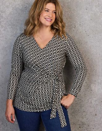 Live Unlimited London Womens Petite Black Geo Print V-Neck Side Tie Tunic - Mono - Size: 14