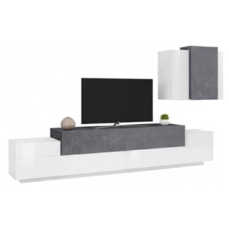 Dmora Dmora - Pared Equipada Dmar, Conjunto De Sal&oacute;n Con Soporte Tv, Mueble Sal&oacute;n Polivalente, 100% Made In Italy, Cm 240x45h180, Blanco Brillo Y Pizarra