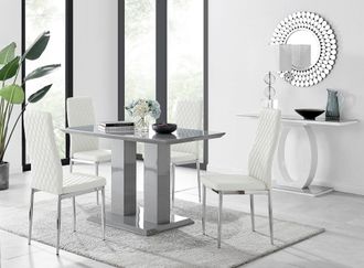 Furniturebox Imperia Grey High Gloss 4 Seater Dining Table with Structural 2 Plinth Column Legs 4 Soft Faux Leather Silver Leg Milan Chairs in White