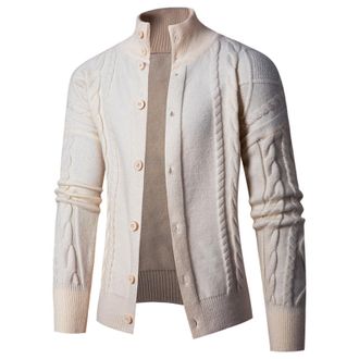 Generic Mens Knitted Cardigan Thick Sweater Mens Draped Cardigans Shawl Collar Thick Knitted Zipper Pattern Cardigan Sweater Fleece Lined Winter Coat White