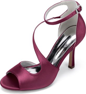 Generic Wedding Bridal Shoes Women Peep Toe Ankle Straps Stiletto Sandals Buckle Satin Evening Party Prom High Heel 9.5Cm,Burgundy,10 UK