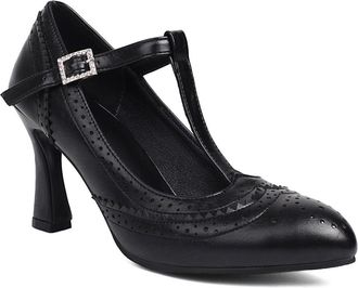 Generic Womens Sexy High Heel Dress Pumps T-Strap Vintage Brogues with Buckle Pointed Toe Party Prom Shoes,Black,2.5 UK