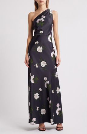 Sachin & Babi Delphine Floral One-Shoulder Satin Crepe Gown in Dark Midnight Carnations at Nordstrom, Size 12