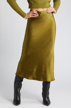 Open Edit Satin Column Maxi Skirt in Olive Avocado at Nordstrom Rack, Size Medium