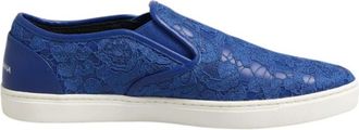 Dolce & Gabbana Blauwe Leren Slip-On Sneakers met Logo - Heren - Sneakers - Blauw - 40 EU - Leer - Schoenen