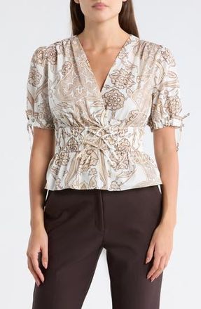 Derek Lam Rhea V-Neck Puff Sleeve Top in Tan Moroccan at Nordstrom Rack, Size X-Small