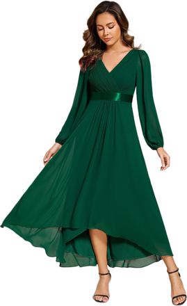 Ever-pretty Women Dress Elegant Evening Dress High-Low Chiffon with Deep V and High Waist Design Bridesmaid Wedding Guest Dress Dark Green 12UK