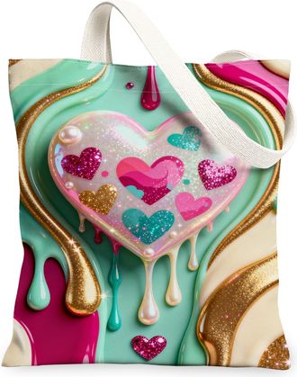 Generic Colorful Heart Canvas Tote Bags, Cute Glittering Design Reusable Grocery Bags, Summer Lightweight Washable Shoulder Strap C, Colorful, 13x15 Inch