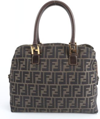 Fendi Zucca Brown Leather Nylon Handbag Shoulder Bag Tote Bag (Pre-Owned)