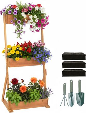 Relaxdays Relaxdays vertical planter, wood, HWD 140x85x48 cm, 4-tier bed for balcony & terrace, nonwoven liners & tools, natural