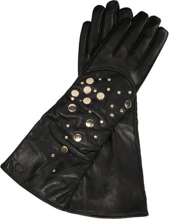Kazar Lange zwarte handschoenen versierd met gouden klinknagels - Dames - Handschoenen - Zwart - S - Leer - Accessoires